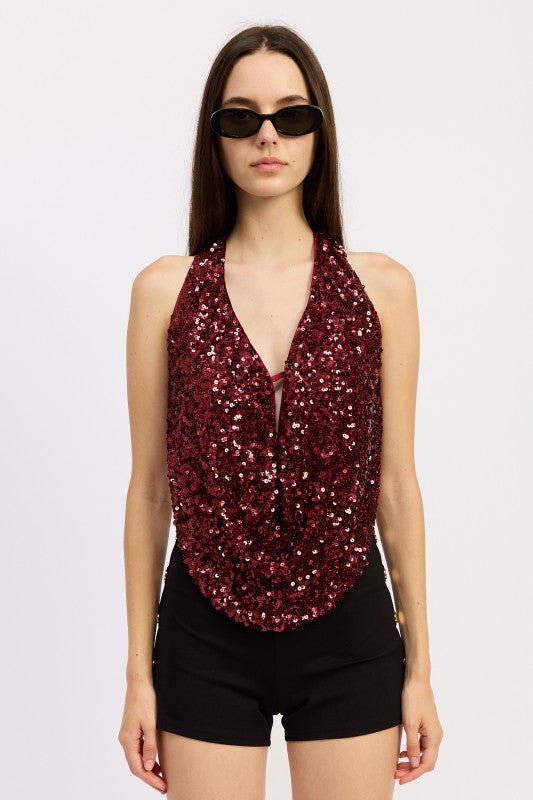 SEQUIN COWL DRAPE HALTER TOP - Bratty Luxe