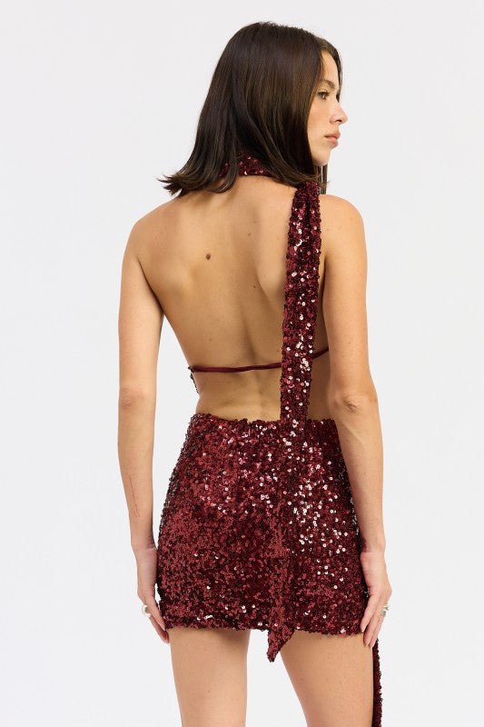 SEQUIN HALTER SCARF MINI DRESS - Bratty Luxe