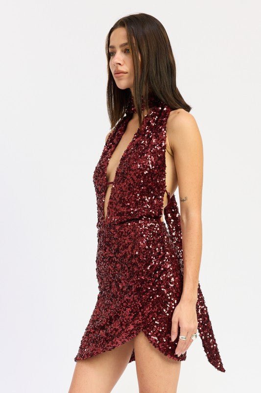 SEQUIN HALTER SCARF MINI DRESS - Bratty Luxe