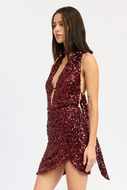 SEQUIN HALTER SCARF MINI DRESS - Bratty Luxe