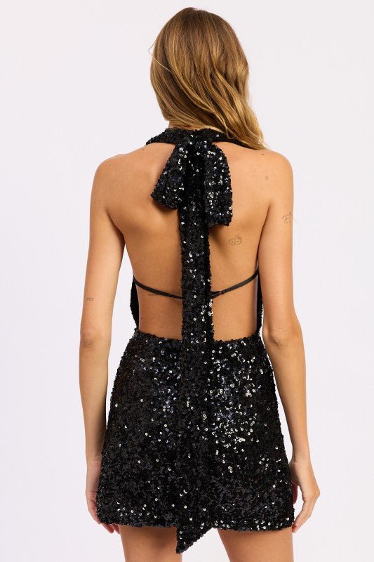 SEQUIN HALTER SCARF MINI DRESS - Bratty Luxe