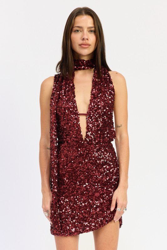 SEQUIN HALTER SCARF MINI DRESS - Bratty Luxe