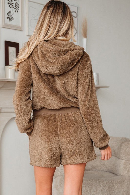Sherpa Zip - Up Hoodie and Drawstring Shorts Set - Bratty Luxe