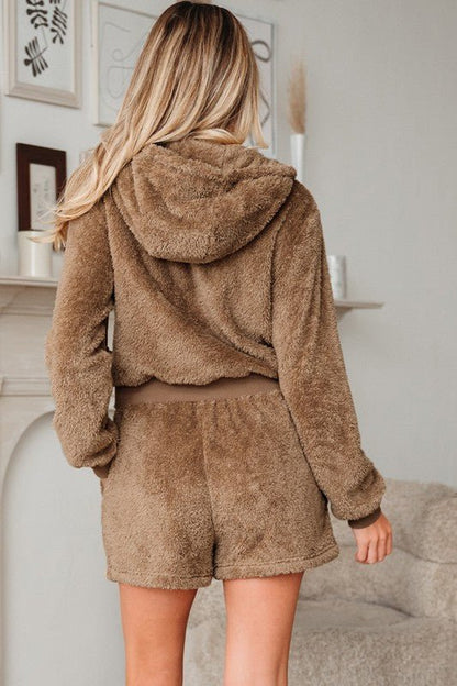 Sherpa Zip - Up Hoodie and Drawstring Shorts Set - Bratty Luxe