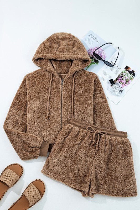 Sherpa Zip - Up Hoodie and Drawstring Shorts Set - Bratty Luxe