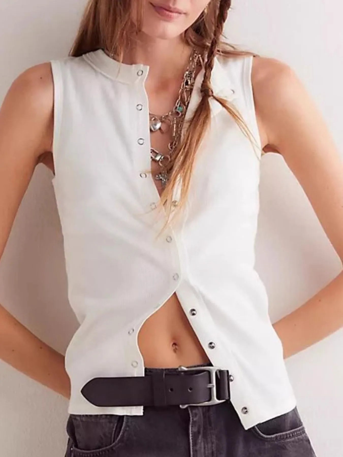 Snap Down Round Neck Ribbed Slim Tank Vest - Bratty Luxe