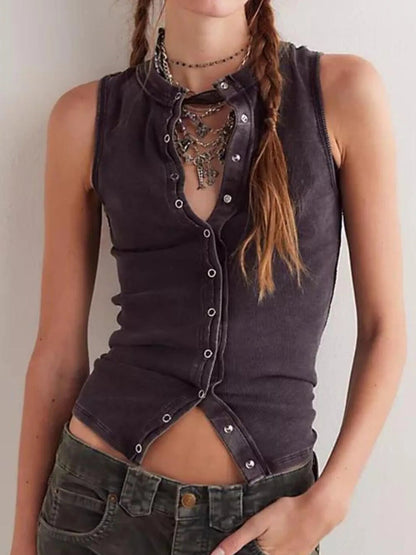 Snap Down Round Neck Ribbed Slim Tank Vest - Bratty Luxe