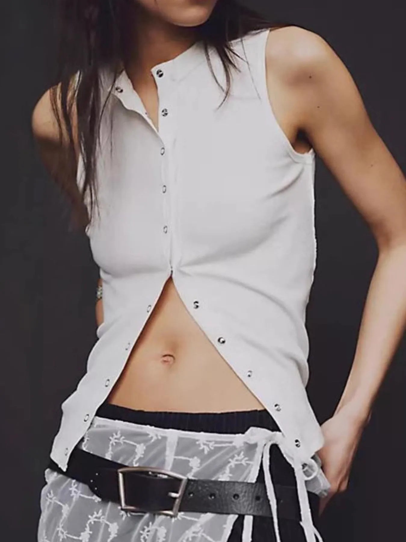 Snap Down Round Neck Ribbed Slim Tank Vest - Bratty Luxe