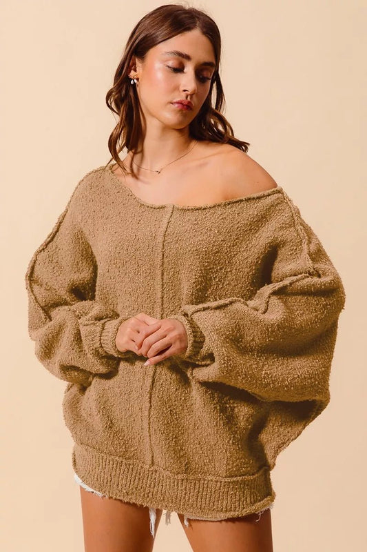 SO ME Loose Fit Exposed Seam Slouchy Boucle Sweater - Bratty Luxe