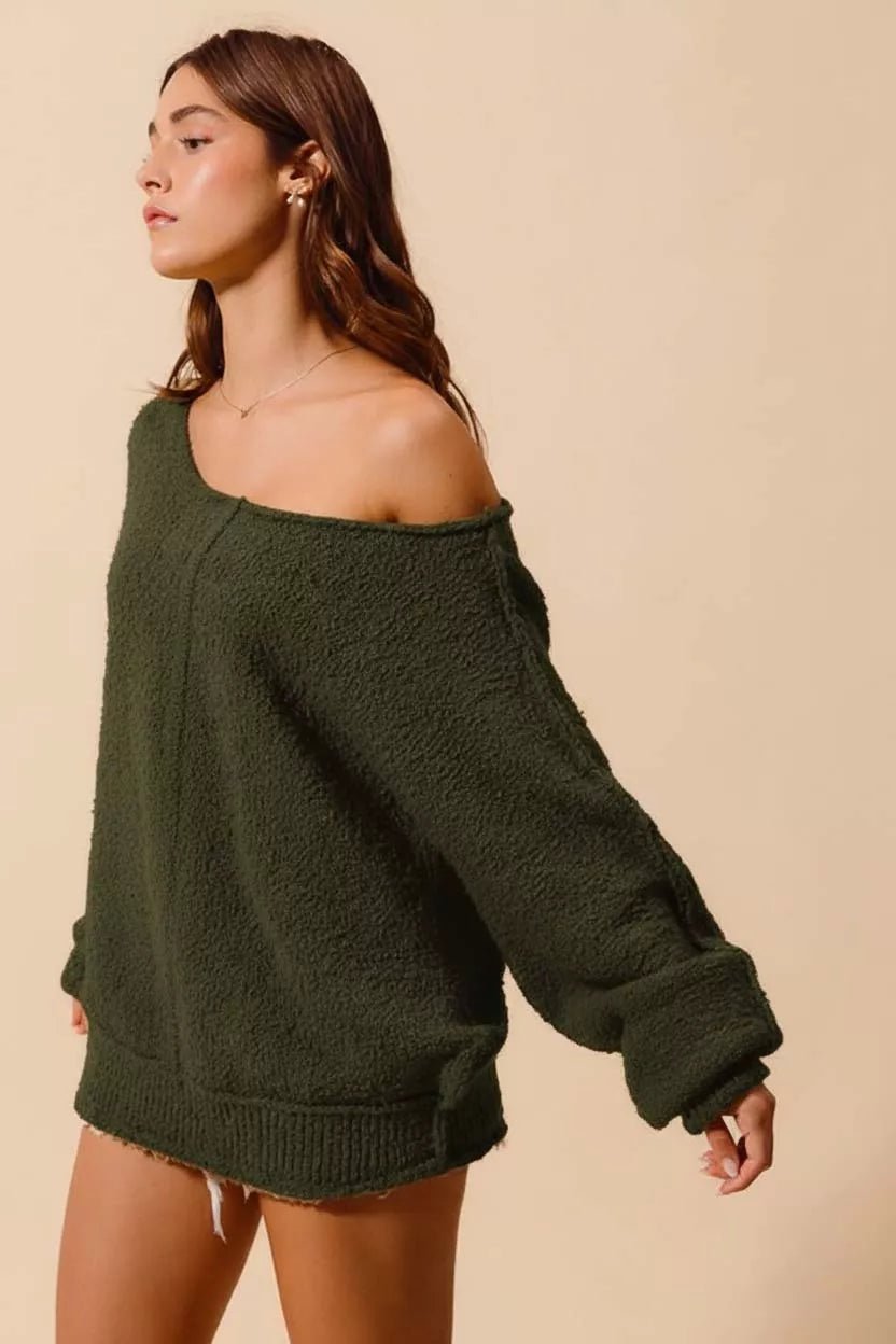 SO ME Loose Fit Exposed Seam Slouchy Boucle Sweater - Bratty Luxe