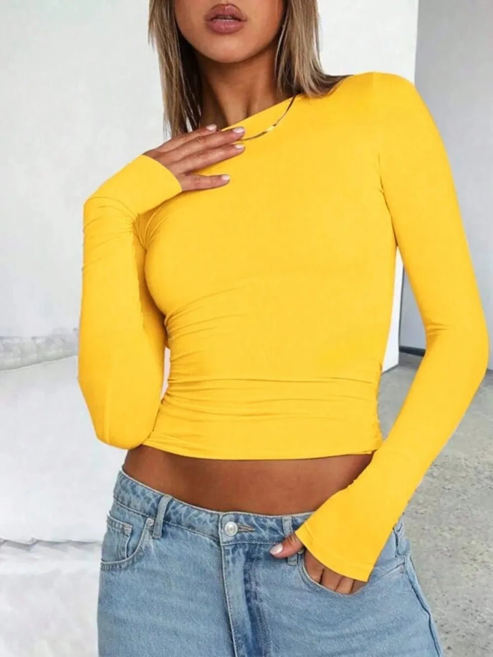 Solid Color Round Neck Long Sleeve T-Shirt - Bratty Luxe