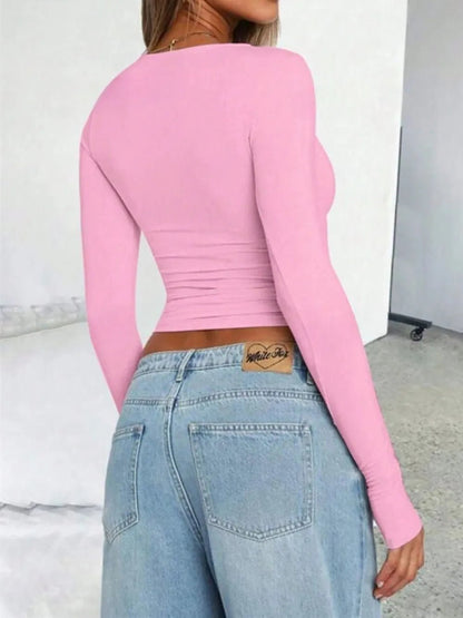Solid Color Round Neck Long Sleeve T-Shirt - Bratty Luxe