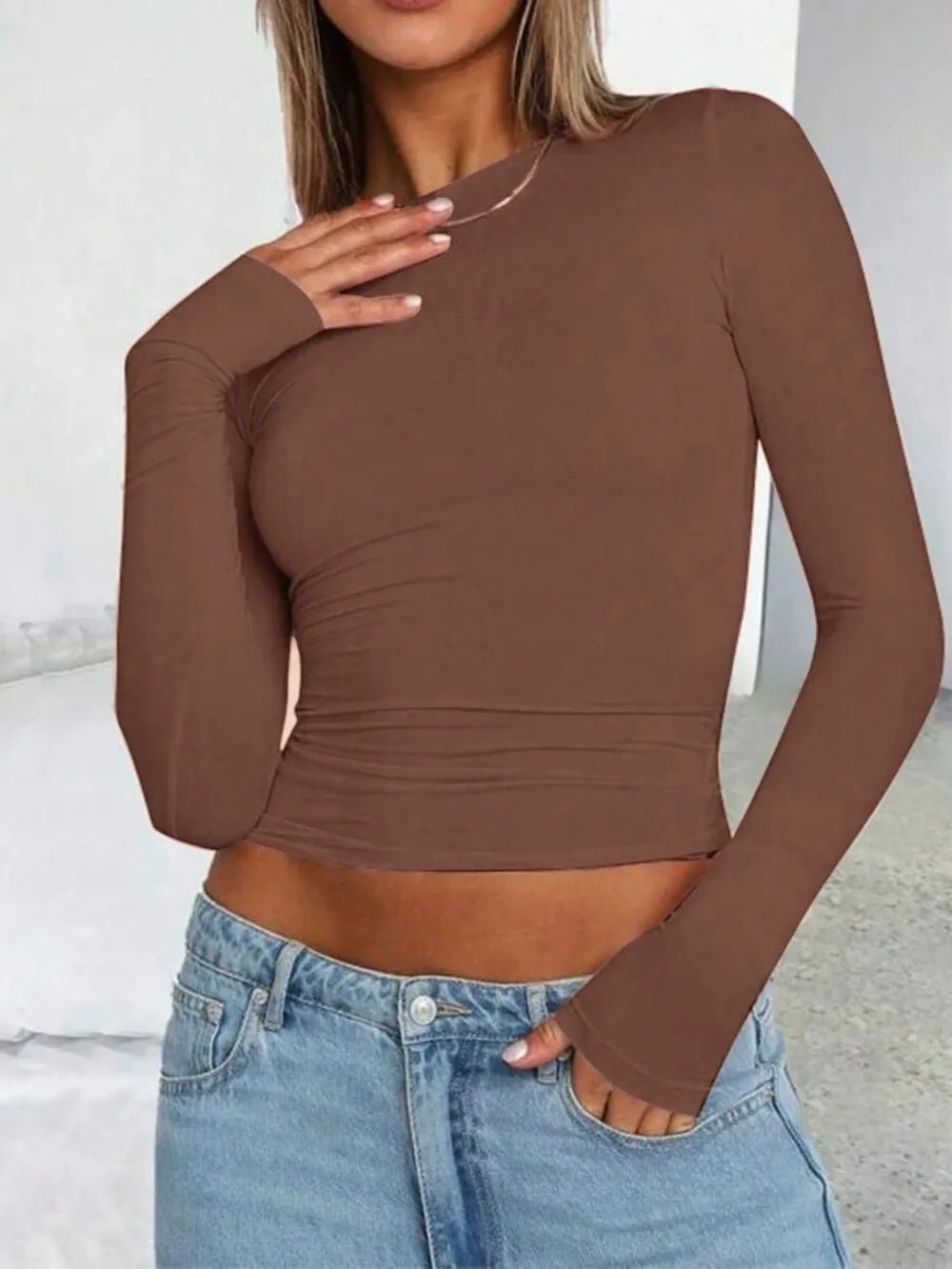 Solid Color Round Neck Long Sleeve T-Shirt - Bratty Luxe