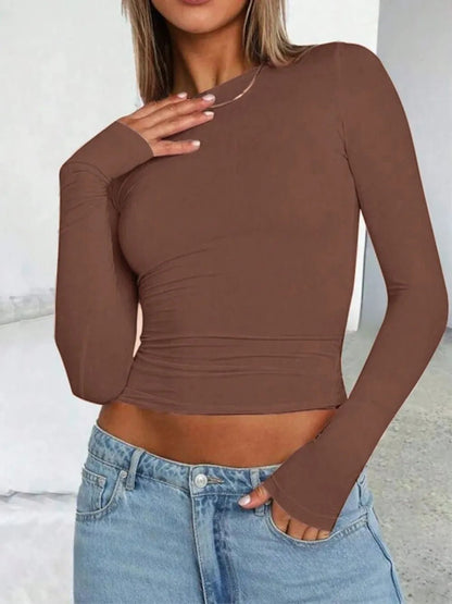 Solid Color Round Neck Long Sleeve T-Shirt - Bratty Luxe