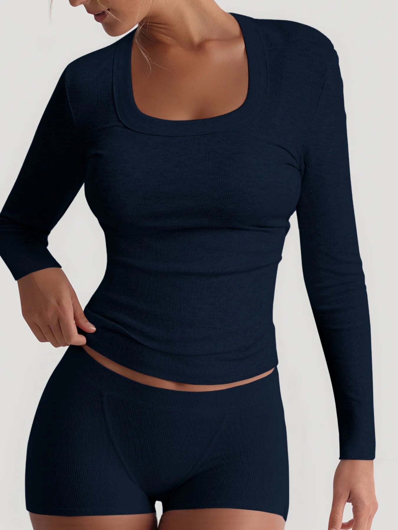 Square Neck Long Sleeve Top and Shorts Set - Bratty Luxe