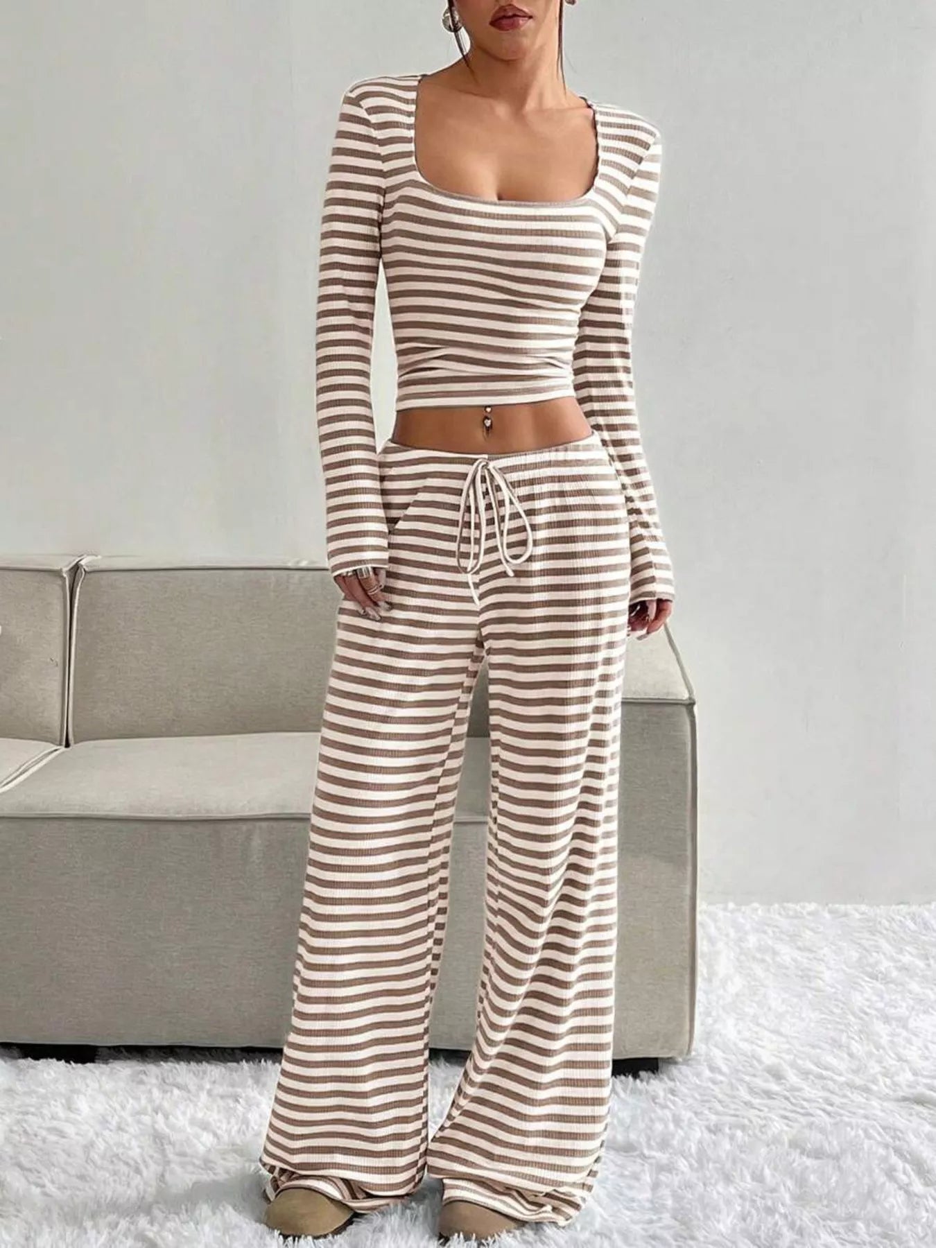 Striped Long Sleeve Crop Top and Wide Leg Pants Set - Bratty Luxe