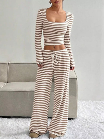 Striped Long Sleeve Crop Top and Wide Leg Pants Set - Bratty Luxe