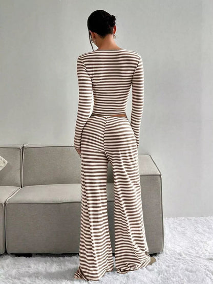 Striped Long Sleeve Crop Top and Wide Leg Pants Set - Bratty Luxe