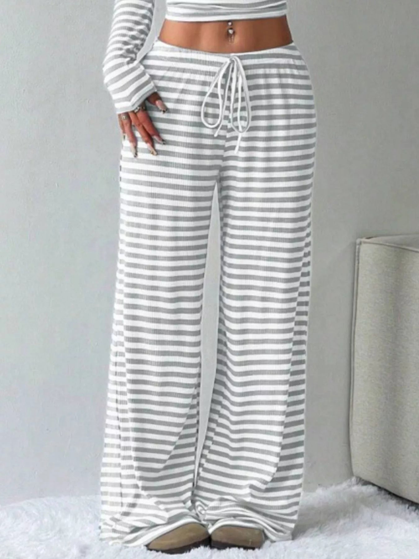 Striped Long Sleeve Crop Top and Wide Leg Pants Set - Bratty Luxe