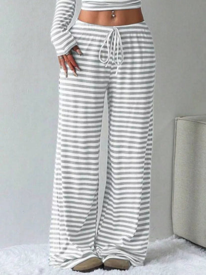 Striped Long Sleeve Crop Top and Wide Leg Pants Set - Bratty Luxe