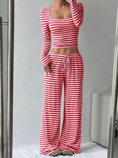 Striped Long Sleeve Crop Top and Wide Leg Pants Set - Bratty Luxe