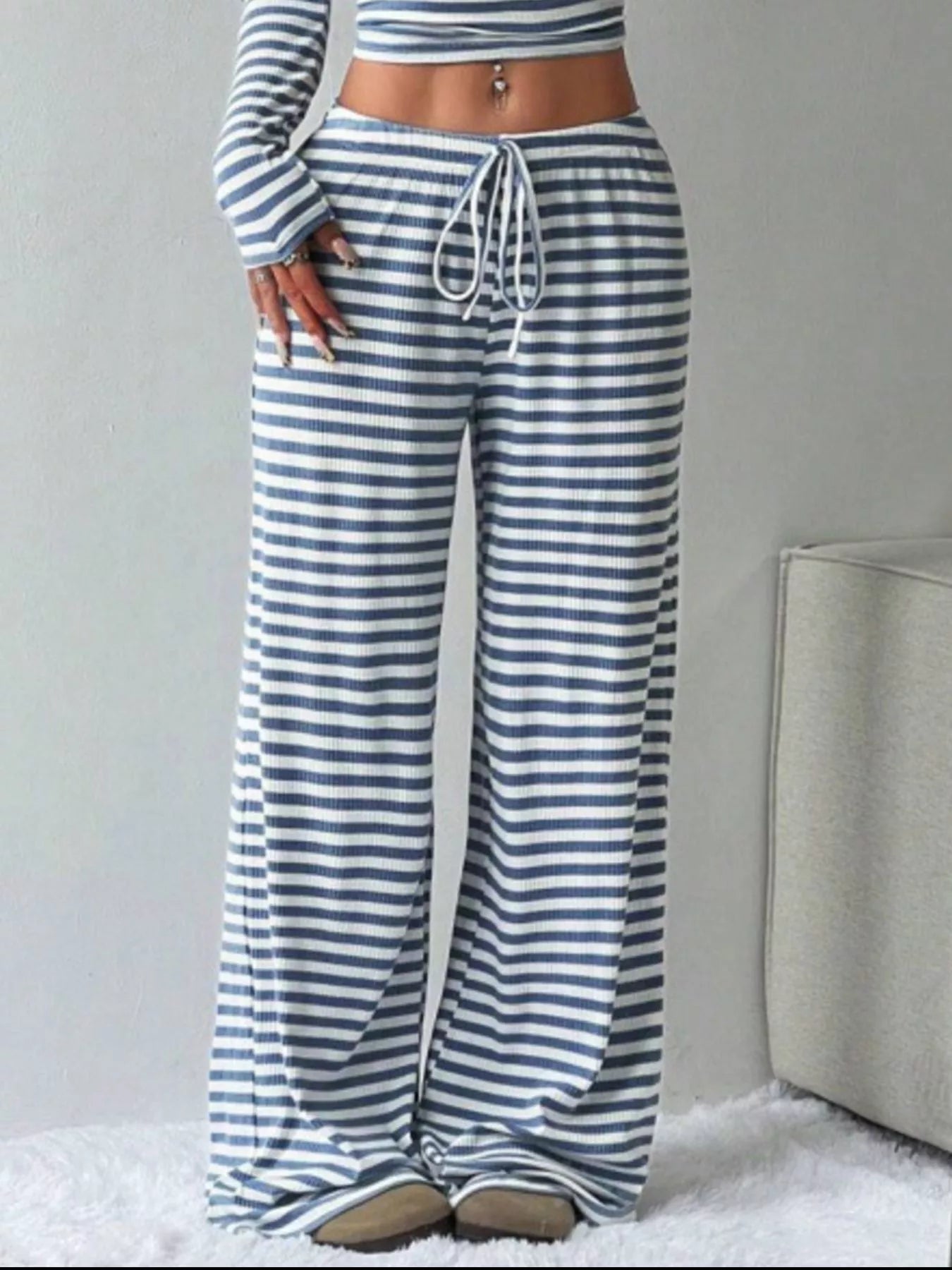 Striped Long Sleeve Crop Top and Wide Leg Pants Set - Bratty Luxe