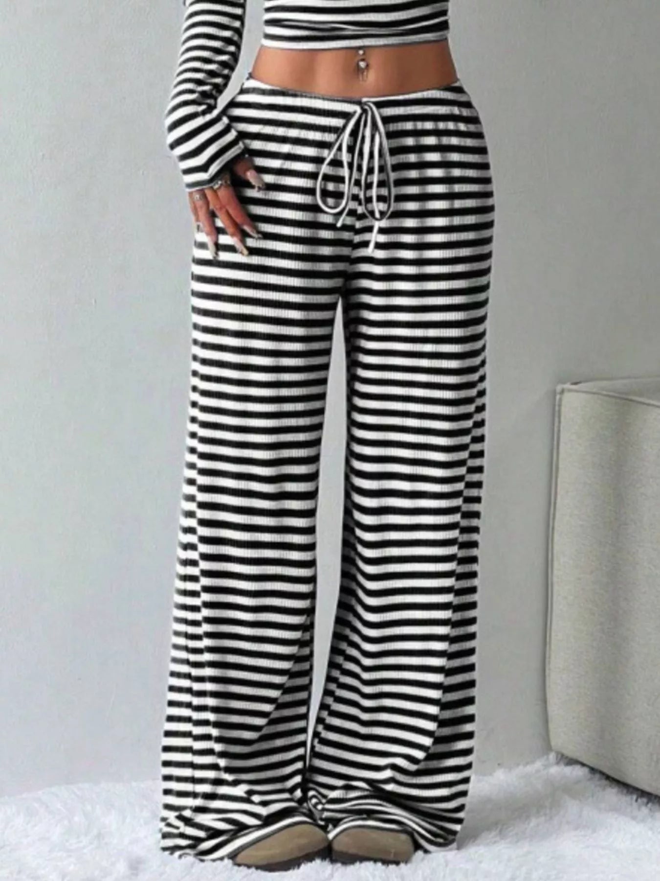 Striped Long Sleeve Crop Top and Wide Leg Pants Set - Bratty Luxe