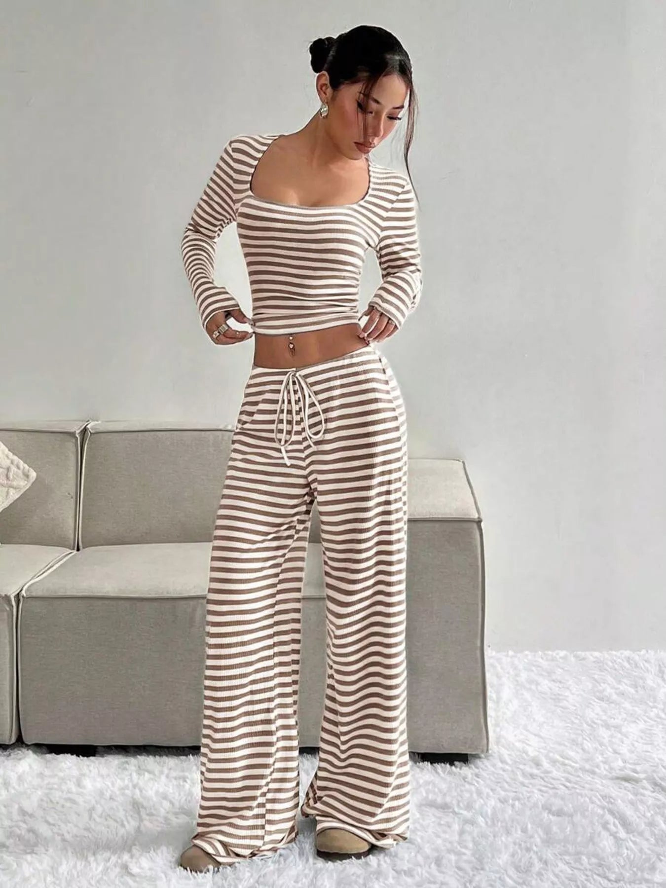 Striped Long Sleeve Crop Top and Wide Leg Pants Set - Bratty Luxe
