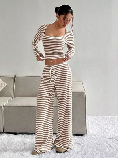 Striped Long Sleeve Crop Top and Wide Leg Pants Set - Bratty Luxe