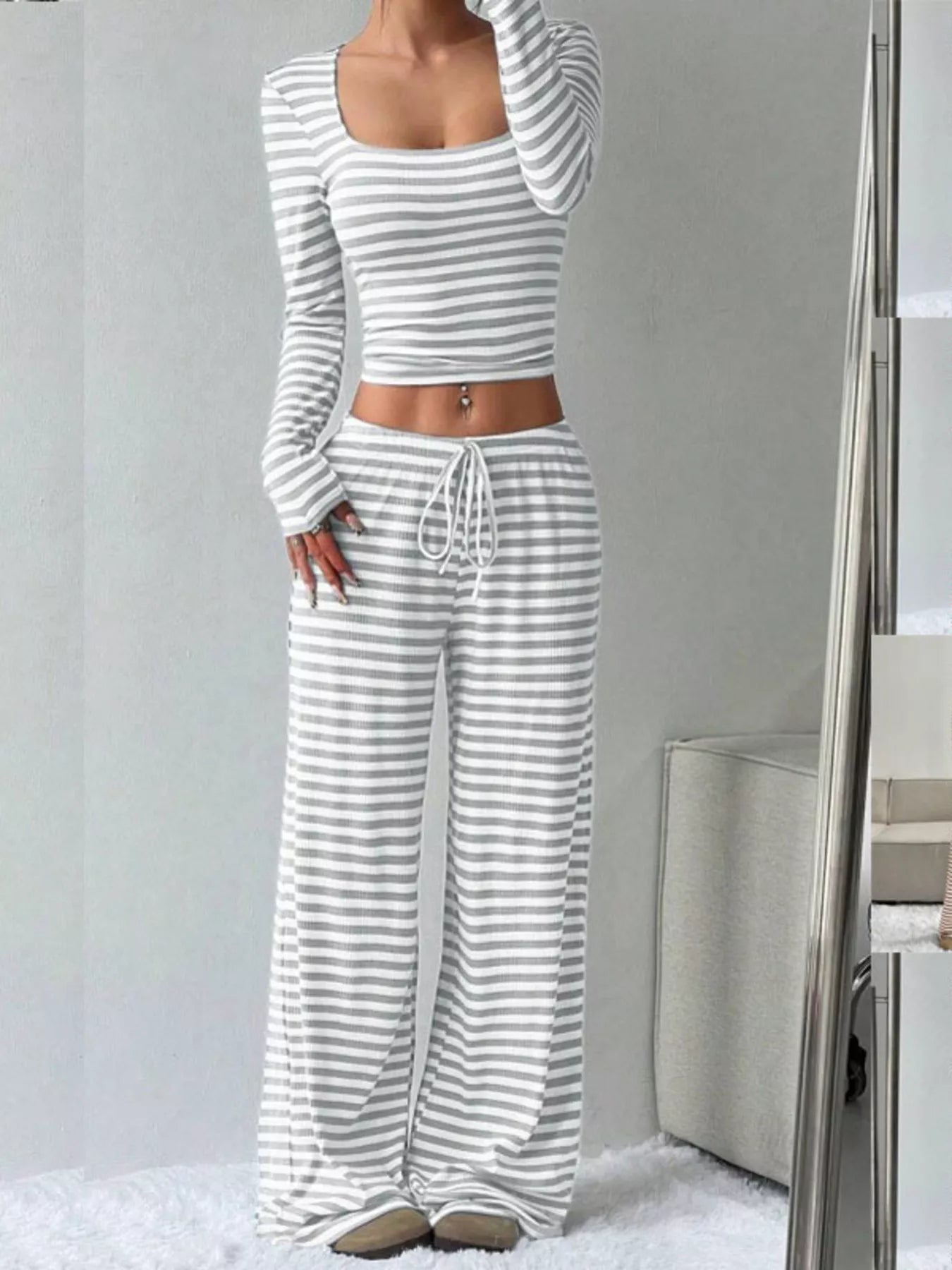 Striped Long Sleeve Crop Top and Wide Leg Pants Set - Bratty Luxe