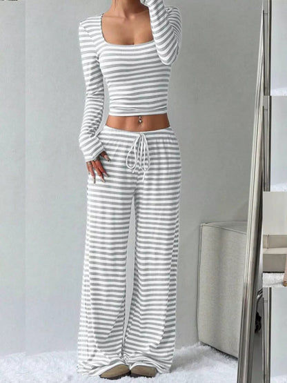 Striped Long Sleeve Crop Top and Wide Leg Pants Set - Bratty Luxe