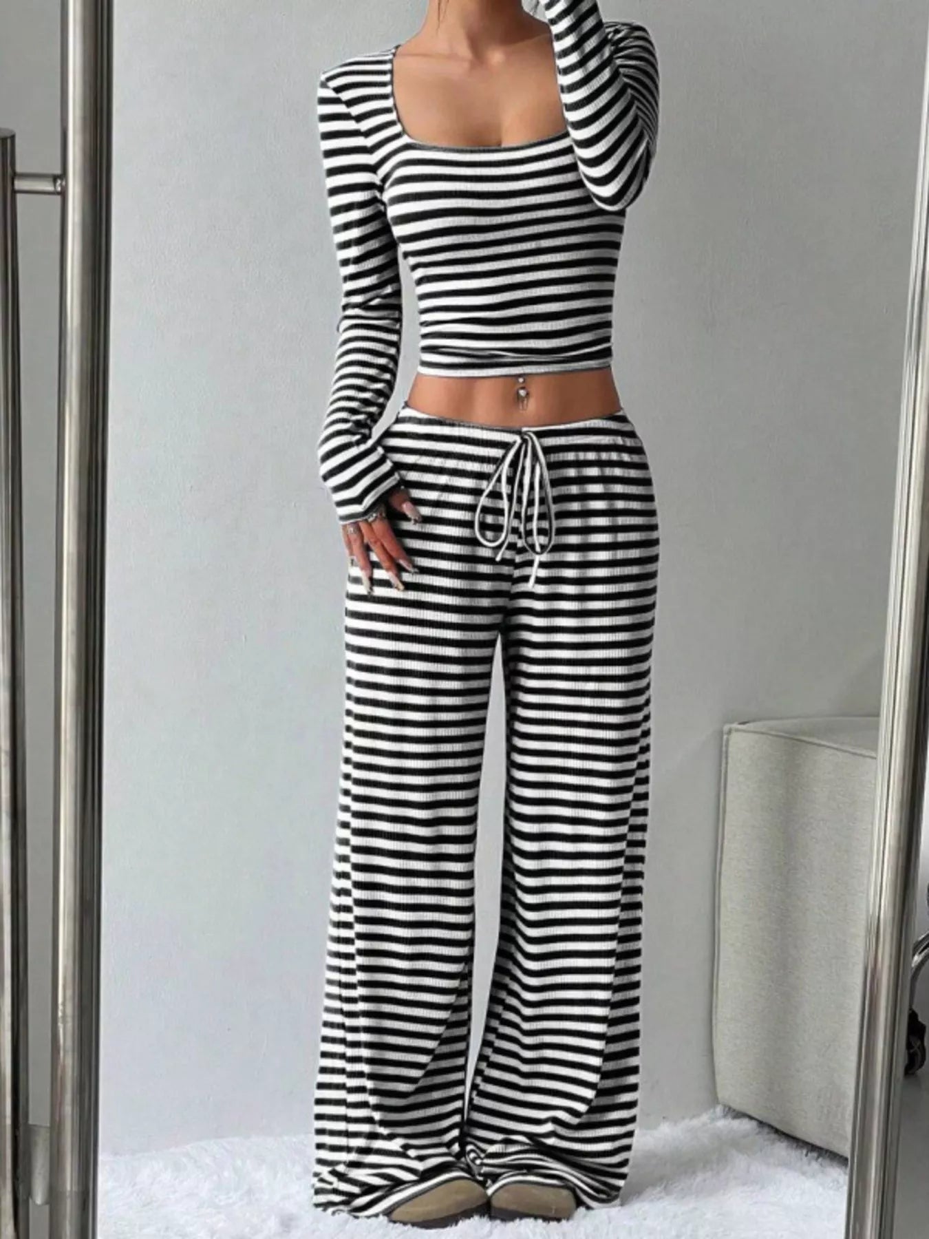 Striped Long Sleeve Crop Top and Wide Leg Pants Set - Bratty Luxe