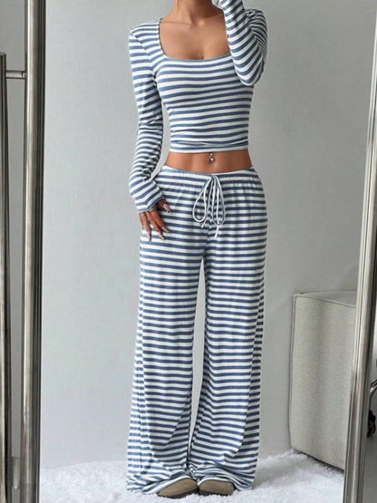 Striped Long Sleeve Crop Top and Wide Leg Pants Set - Bratty Luxe