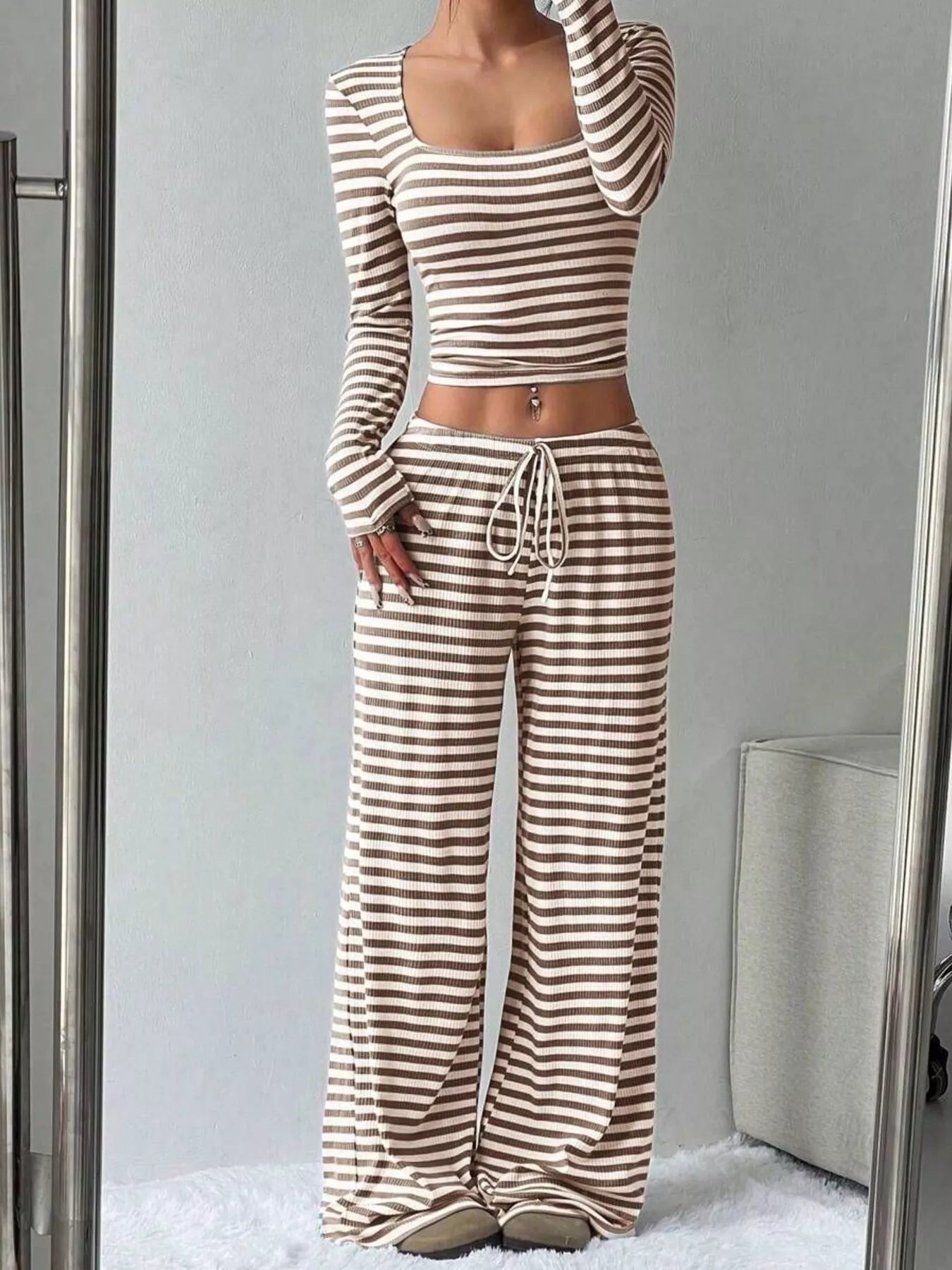 Striped Long Sleeve Crop Top and Wide Leg Pants Set - Bratty Luxe