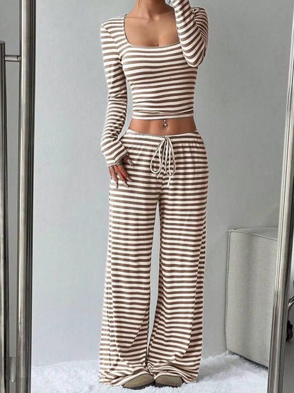 Striped Long Sleeve Crop Top and Wide Leg Pants Set - Bratty Luxe