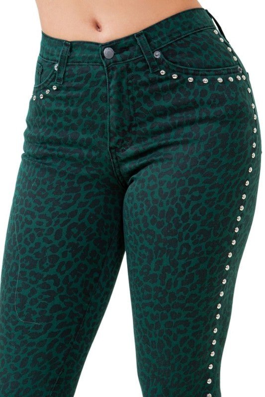 Studded Leopard Bell Bottom Jean in Green - Bratty Luxe