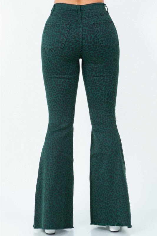 Studded Leopard Bell Bottom Jean in Green - Bratty Luxe