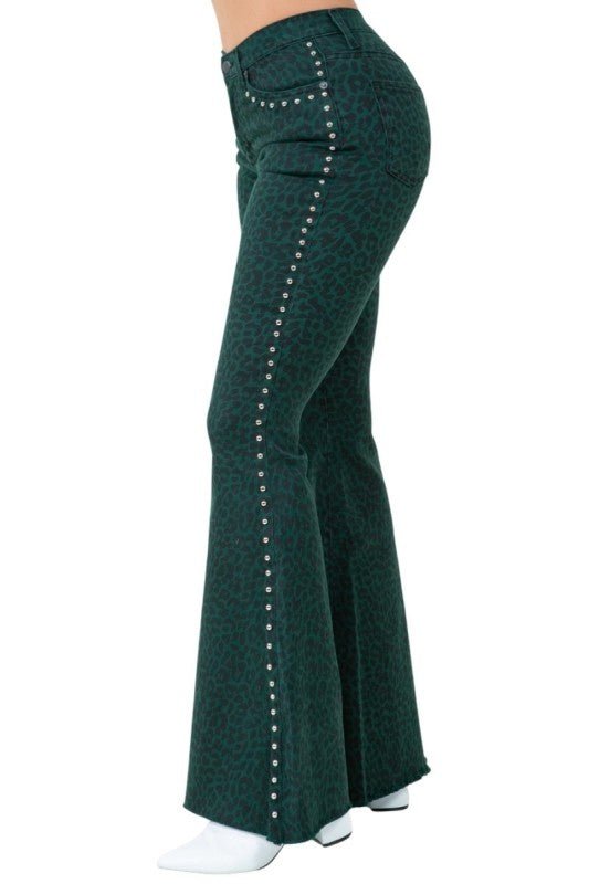 Studded Leopard Bell Bottom Jean in Green - Bratty Luxe