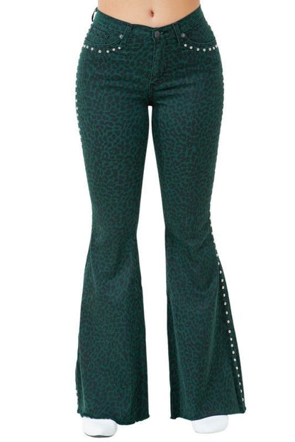 Studded Leopard Bell Bottom Jean in Green - Bratty Luxe