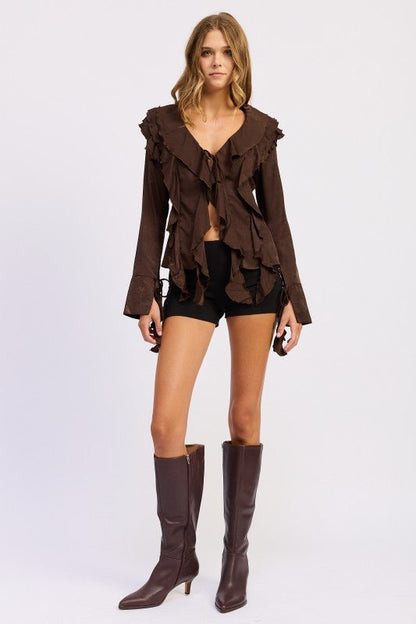 TIE FRONT RUFFLED TOP - Bratty Luxe