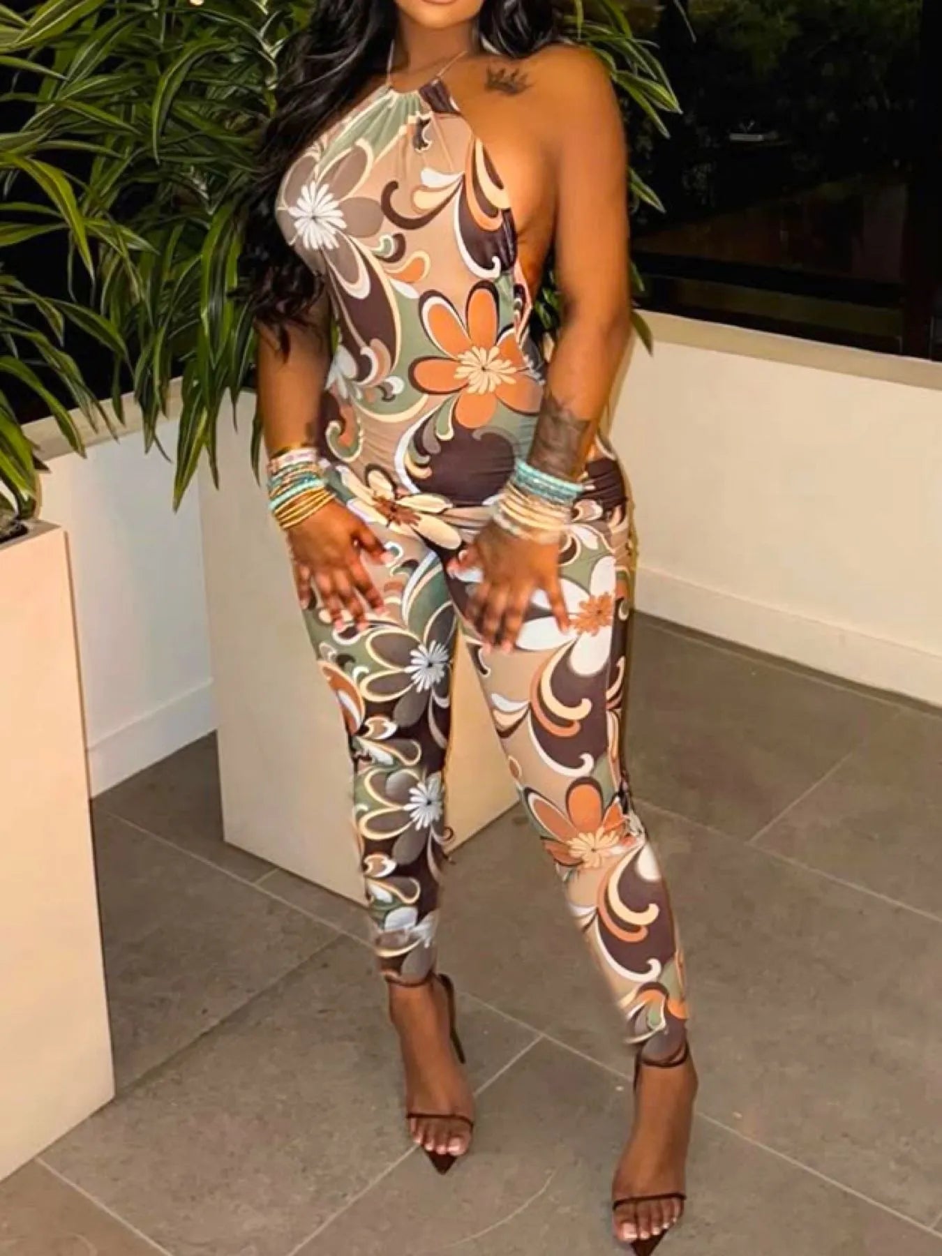 Tropical Print Halter Neck Bodycon Jumpsuit - Bratty Luxe