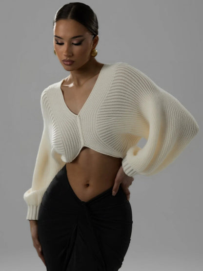 V - Neck Long Sleeve Crop Sweater - Bratty Luxe