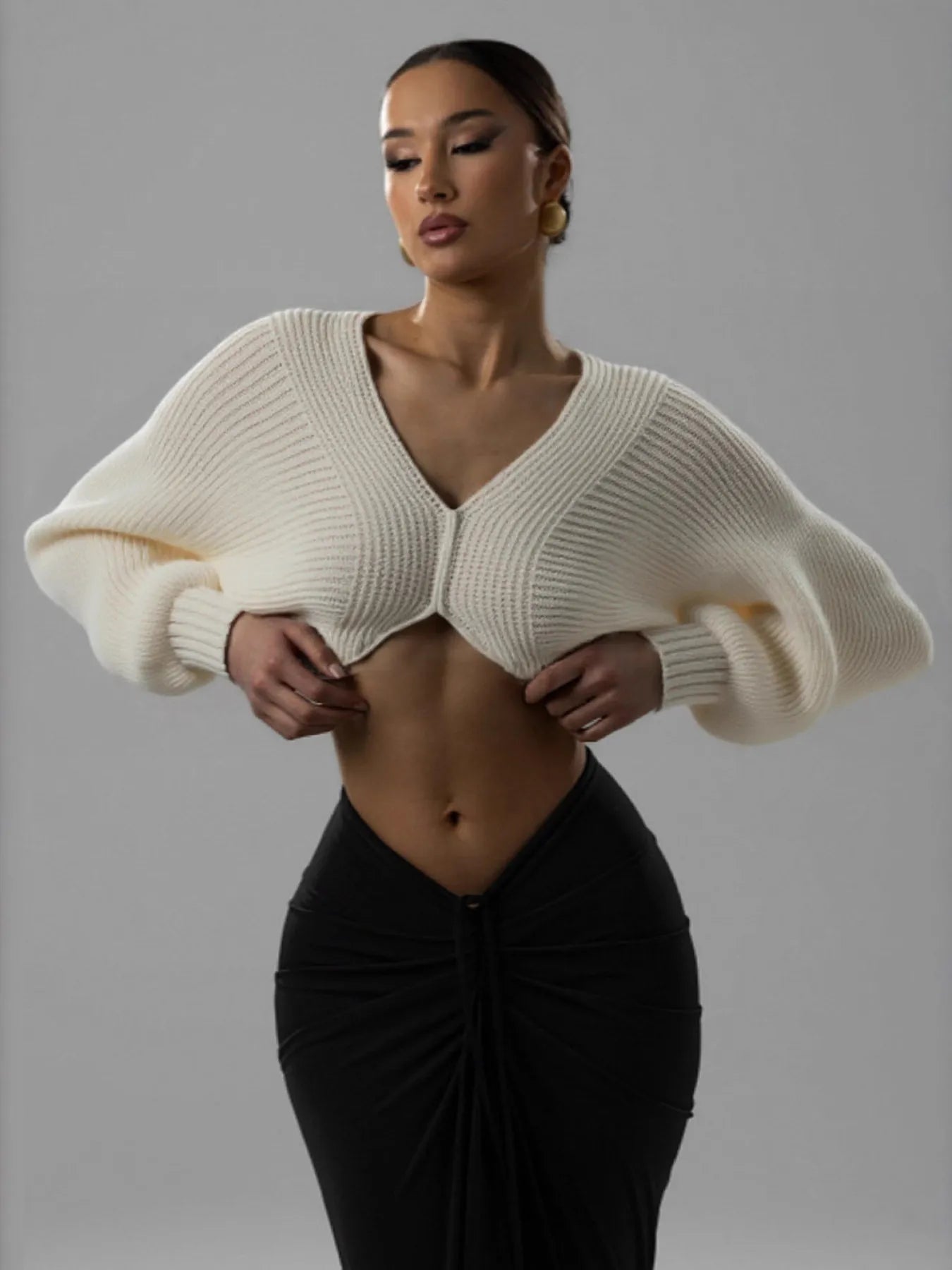 V - Neck Long Sleeve Crop Sweater - Bratty Luxe