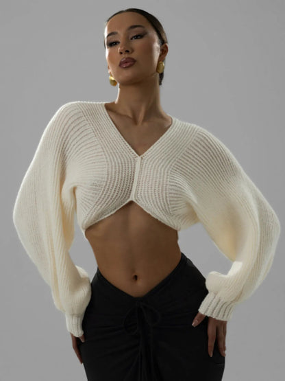 V - Neck Long Sleeve Crop Sweater - Bratty Luxe