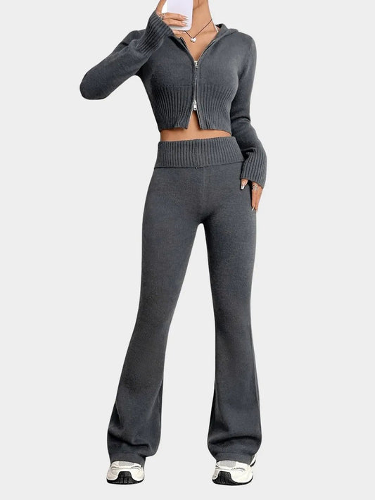 Zip Up Hooded Top and Flare Pants Sweater Set - Bratty Luxe