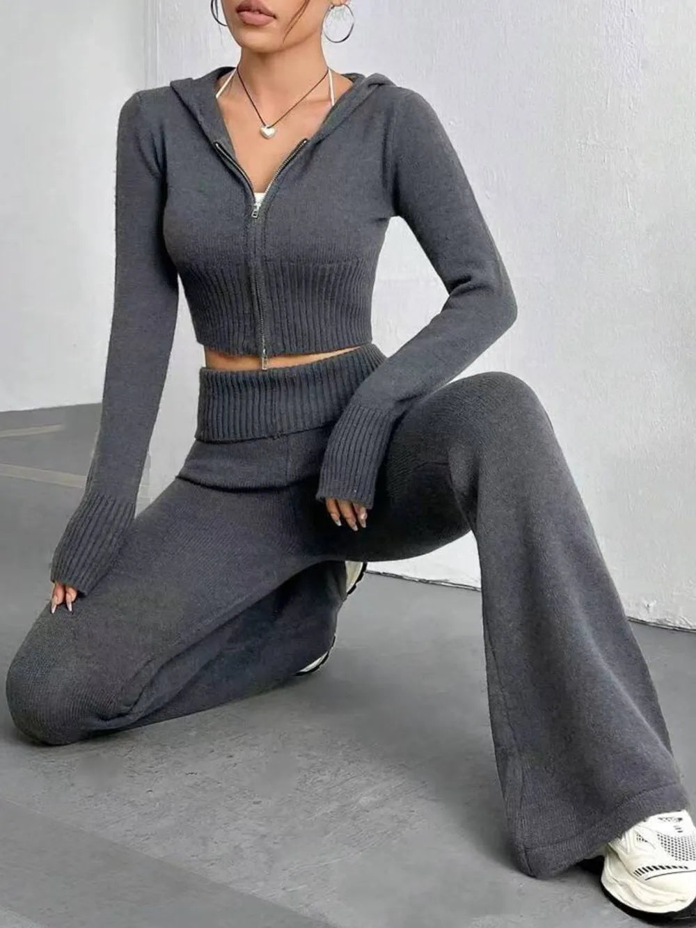Zip Up Hooded Top and Flare Pants Sweater Set - Bratty Luxe