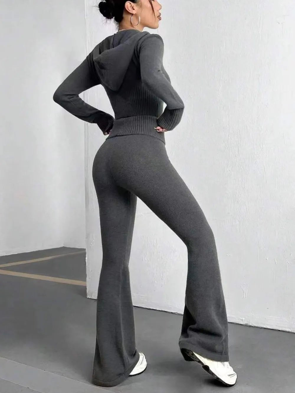 Zip Up Hooded Top and Flare Pants Sweater Set - Bratty Luxe