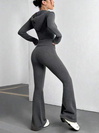 Zip Up Hooded Top and Flare Pants Sweater Set - Bratty Luxe